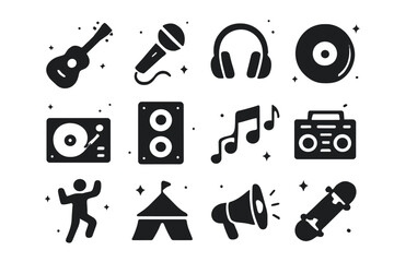 Obraz premium Youth Music Icons. Youth Music Scene. Solid icons set of Youth Music Scene: guitar, microphone, headphones, vinyl record, DJ turntable, speaker, music notes,
