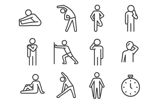 Stretching Icon Set. Stretching. Line icon set of Stretching: seated hamstring stretch, standing side bend, quad stretch, shoulder stretch, calf stretch, neck
