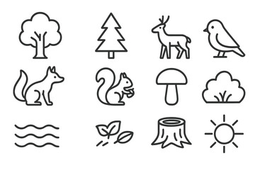 Forest Icon Collection. Nature forest. Line icon set of nature forest: oak tree, pine tree, deer, fox, squirrel, mushroom, bird, river, bush, fallen leaves,