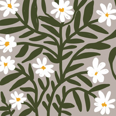 Delicate white daisy flowers with green leaves on a muted grey background seamless pattern.