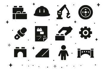 Naklejka premium LEGO Icon Collection. LEGO Construction Play. Solid icons set of LEGO Construction Play: stacked bricks, builder hat, crane arm, wheel, connector