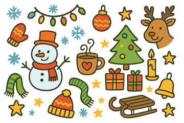 Naklejka premium Winter Holiday Doodles. winter holiday fun. Colorful Hand-drawn doodle Children illustration winter holiday fun snowman, Christmas tree, gifts, candle,