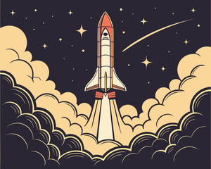 Fototapeta premium A rocket launches into the night sky with a trail of smoke and stars