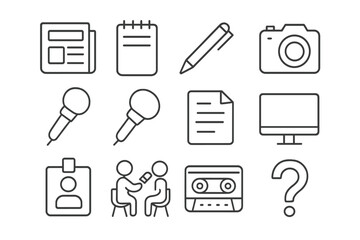Press Reporting Icons. Press reporting. Line icon set of press reporting: newspaper, notepad, pen, camera, microphone, magnifying glass, document, computer,