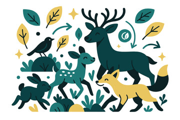 Dynamic Forest Ecosystem. Ecology. Group of animals in forest clearing with abstract floating leaves, arrows, and sparkles; emphasizes wildlife, ecosystem, and