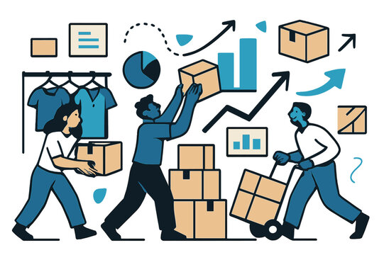 Fashion Supply Chain Flow. Supply chain management in the fashion industry. Retail stores receiving inventory with abstract floating boxes, charts, and arrows;