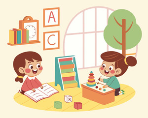 Children playing with toys in a playroom with educational materials