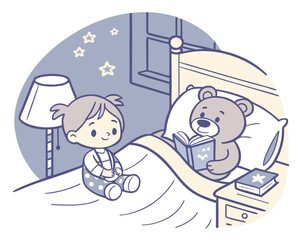 Girl reading a book to a teddy bear in bed