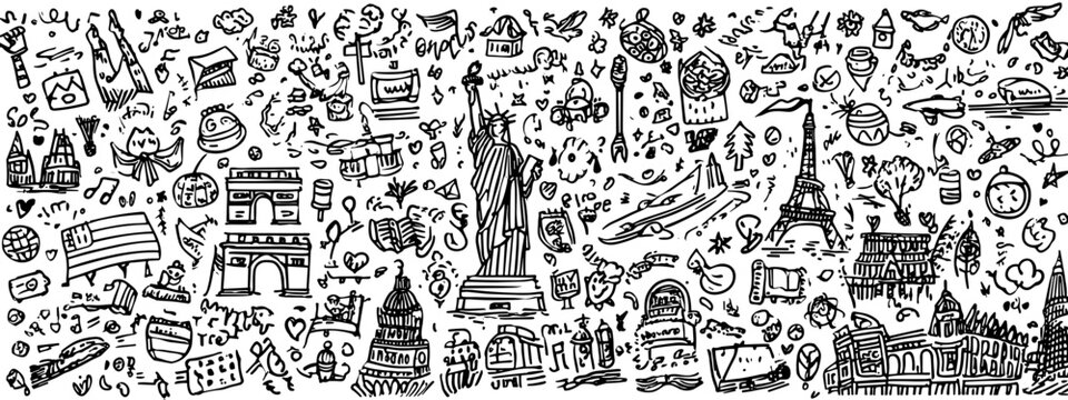 set of American icons style doodle USA