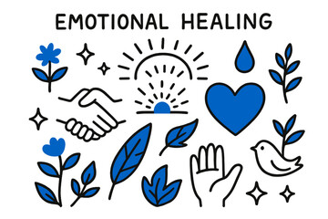 Healing Symbols Doodle. // Emotional healing. Hand-drawn doodle illustration Emotional healing [hands clasped (accented), heart (accented), flower sprout