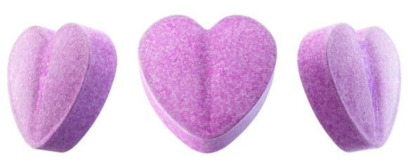 Heart-shaped purple tablet symbolizing love, desire, and sexual wellness. 3D render of a romantic pharmaceutical concept for medication, potency supplement, love-related aphrodisiac pill advertising