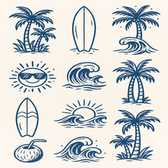 Obraz premium Doodle icons representing summer vacation travel and beach activities