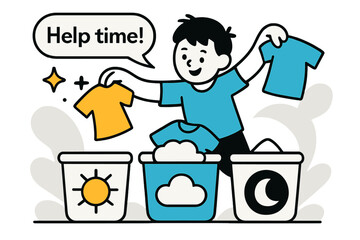 Playful Laundry Time. Laundry Sorting for Kids. Tiny hands drop colorful shirts into baskets with cartoon icons: sun, cloud, and moon. Text bubble reads ?Help