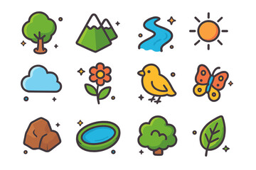 Colorful Nature Icons. Natural elements. Colorful isometric vector icons set of natural elements: tree, mountain, river, sun, cloud, flower, bird, butterfly,
