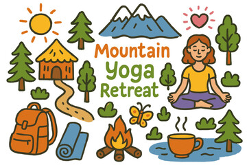 Fototapeta premium Mountain Yoga Retreat. Mountain yoga retreat. Colorful Hand-drawn doodle Children illustration Mountain yoga retreat mountain peak, meditation hut, forest