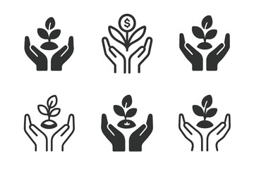 Fototapeta premium Microfinance Logo Variations. Microfinance. Set Logo of Microfinance: small seed coin in nurturing hands. harmonious logo variations of the same emblematic