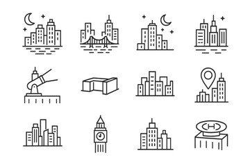 Fototapeta premium Nighttime City Icons. City Skyline at Night. Line icon set of City Skyline at Night: skyscrapers, bridge silhouette, river reflection, crescent moon, stars,