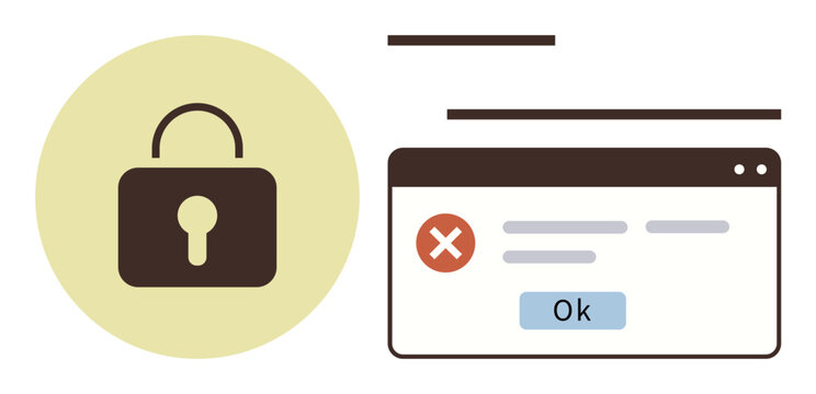 Padlock and error message window with an OK button and red cross, signifying access denial, security notification, or error alerts. Ideal for cybersecurity, authentication, warning, user