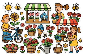 Fototapeta premium Vibrant Flower Market. Flower market. Colorful Hand-drawn doodle Children illustration Flower market vendor stalls, sunflowers, roses, baskets, paper wrap,