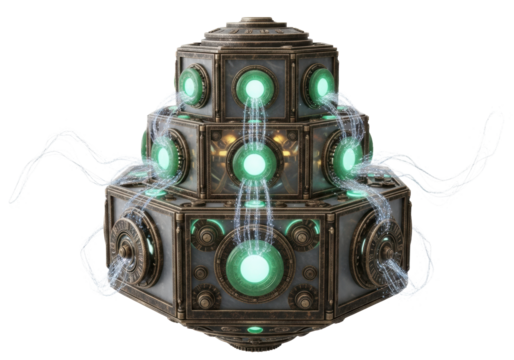 Venerable, intricate octagonal antique communication apparatus of tarnished bronze, glowing jade inlays, pulsating arcane mechanisms against white copy space, concept of ancient mystical knowledge