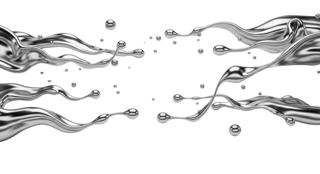 Ultra-close-up of dynamic metallic silver liquid metal scattering, stretching, and merging into reflective droplets and rivulets on a transparent background, concept of advanced fluid dynamics