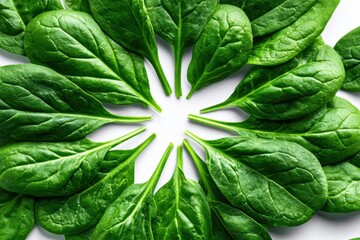 Fototapeta premium Fresh green leafy vegetables arranged in a circular pattern on a white surface