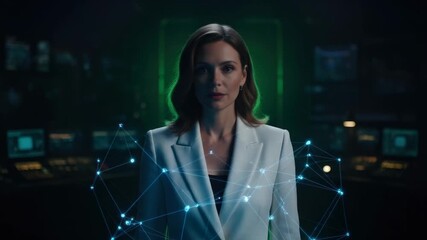 Futuristic technology interaction: businesswoman engaged with holographic network interface - Powered by Adobe