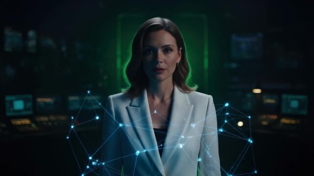 Futuristic technology interaction: businesswoman engaged with holographic network interface - Powered by Adobe