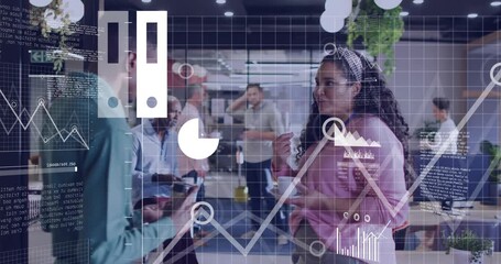 man holding tablet toward woman, showing animated cloud and chart overlays during data discussion - Powered by Adobe