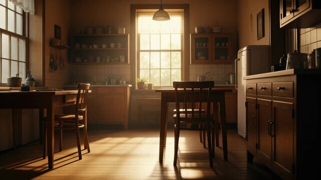Sunlit kitchen with vintage decor and warm morning light through window