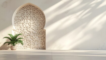 Soft sunlight casts shadows on islamic geometric wall niche with green indoor plant. Clean minimal design background with empty space for ramadan or arabic-inspired layout.