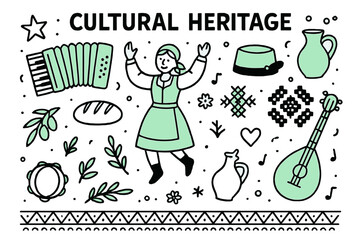 Cultural Heritage Icons. // Cultural heritage. Hand-drawn doodle illustration Cultural heritage [folk dancer (accented), accordion (accented), traditional hat