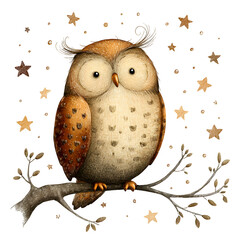 Whimsical owl perched on a branch isolated on transparent background