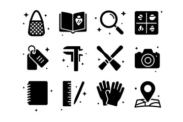 Fototapeta premium Shell Collecting Icons. Shell Collecting Tools. Solid icons set of Shell Collecting Tools: mesh bag, field guide, magnifying glass, specimen box, labeling