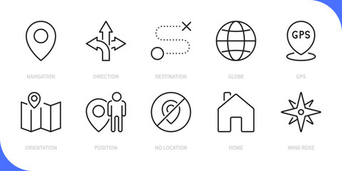 Location line icon set. Navigation, direction, destination, globe, gps, orientation, position, no location, home, wind rose sign. Vector illustration. Editable stroke. Flat design.