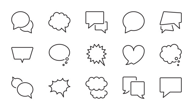 Speech bubble icon set. Thought bubbles, mind, speaking, talk, speech, cloud, different forms and shapes symbol. Speech bubble comic collection. Vector illustration. Editable stroke. Flat design.