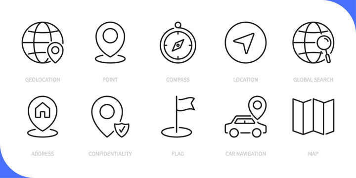 Location line icon set. Geolocation, point, compass, location, global search, address, confidentiality, flat, car navigation, map sign. Vector illustration. Editable stroke. Flat design.