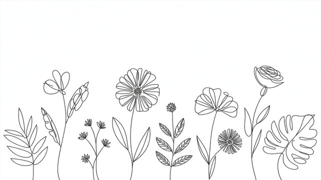 Minimalist line art illustration of various wildflowers and botanical elements on a white background