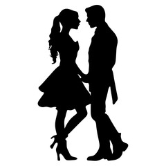 Silhouette of a couple holding hands with the woman in a dress and the man in a suit walking together