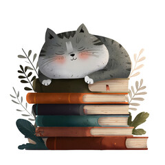 Cat sleeping on books isolated on transparent background