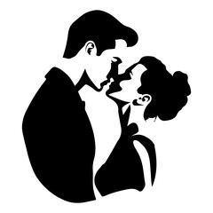 Silhouette of a man and woman in a romantic embrace about to kiss in black and white illustration