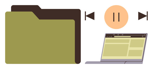 Fototapeta premium Large folder icon, paused media symbol, and laptop with webpage layout. Ideal for file organization, digital storage, data management, web design, media control, productivity simple flat metaphor