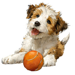 Playful puppy with ball isolated on transparent background