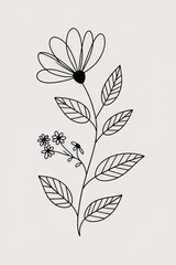 Elegant hand drawn outline of a blooming flower with leaves and small blossoms on a light background