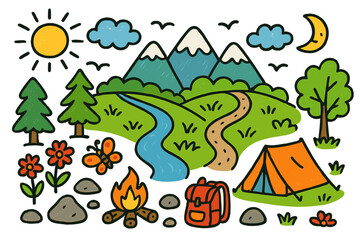 Naklejka premium Colorful Ridge Landscape. ridge landscape. Colorful Hand-drawn doodle Children illustration ridge landscape mountains, hills, trees, river, sun, clouds, birds,