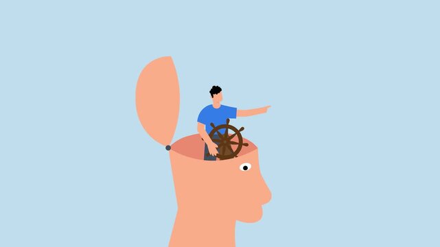 Self control, businessman leader directs steering wheel helm on his head