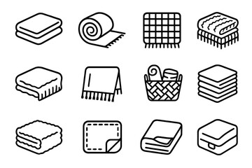 Blanket Icon Set. Blankets. Line icon set of Blankets: folded blanket, rolled blanket, plaid pattern, knitted throw, fleece fabric, tassel edge, basket with