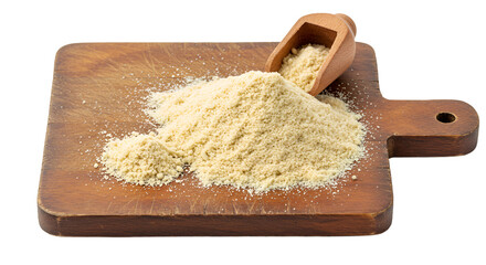 Mound of Light Yellow Cooking Flour with a Wooden Scoop on a Rustic Cutting Board