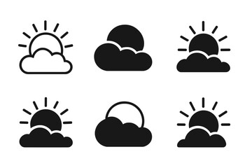 Fototapeta premium Sunrise Logo Grid. Sunrise Peeking Through the Clouds. Set Logo of Rising Sun: Minimal outline, Filled silhouette, Abstract geometric, Negative space, Flat