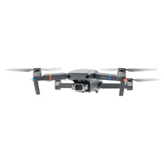 Compact grey foldable quadcopter drone with camera, facing forward on black background